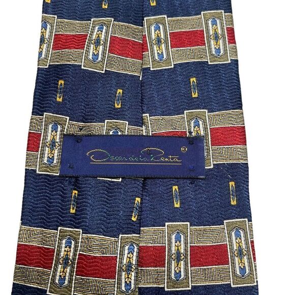 Vintage Oscar de la Renta Men's Necktie Tie Blue Maroon Geometric Silk Designer - Picture 4 of 7